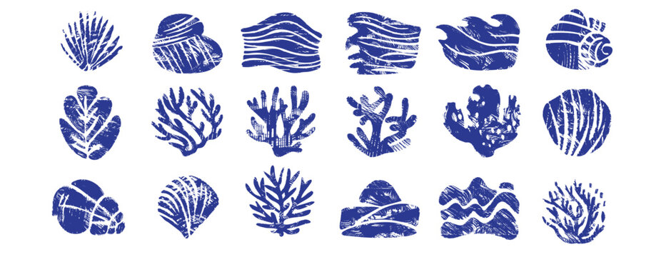 Blue linocut seashell and coral set. Handmade woodcut print collection of marine shells, seaweed, underwater nature. Vintage stamp illustrations, vector