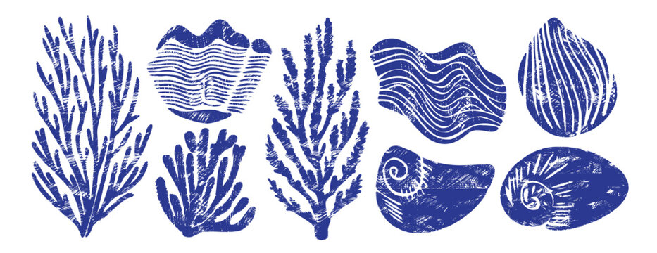 Linocut seashell, coral and seaweed set. Handmade woodcut print, oyster and mussel collection. Cobalt marine vintage stamp, vector illustration. Nautical branding, summer decor, and sticker design