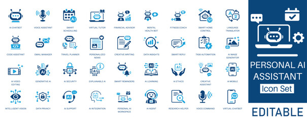 Personal AI Assistant and AI Agent solid icon set. Featuring AI chatbot, voice assistant, generative AI, virtual tutor and AI image generator. Vector icons for tech startup and digital projects.