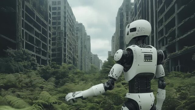 A robot navigates through an overgrown urban landscape filled with abandoned buildings and dense vegetation