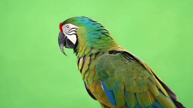 A vibrant parrot perches against a bright green background in this stunning video showcasing its colorful plumage and distinctive features.