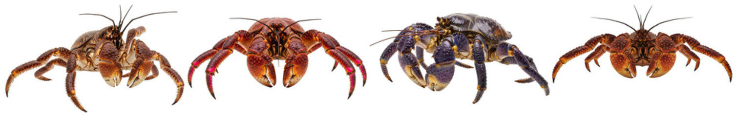 Four impressive coconut crabs in diverse poses, isolated on a transparent background. © PlantAndFlowerPNG