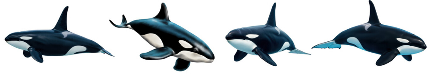 Four majestic killer whales, or orcas, showcasing their powerful forms and distinctive black and white markings. © PlantAndFlowerPNG