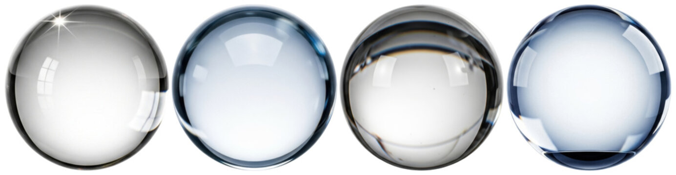A collection of clear glass spheres in various light conditions.
