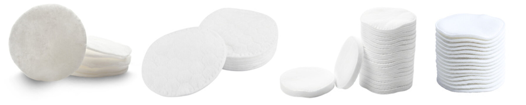 Multiple stacks and individual rounds of soft white makeup remover cotton pads, isolated on a transparent background.