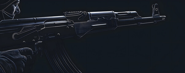 Naklejka premium Soldier holding assault rifle in dark environment