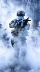 Naklejka premium Soldier with rifle moving through smoke in forest