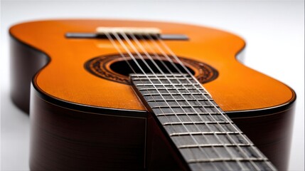 Fototapeta premium High quality classic acoustic guitar leans upright against a bright white background. Its visible strings, soundhole, and fretboard display a beautiful, slightly worn appearance