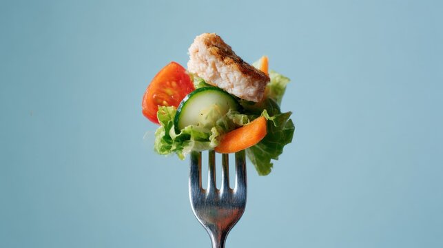A close-up view of a fork presenting a meticulously crafted salad bite