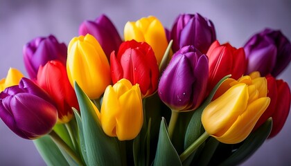 Fototapeta premium Vibrant Bouquet Of Red Purple And Yellow Tulips