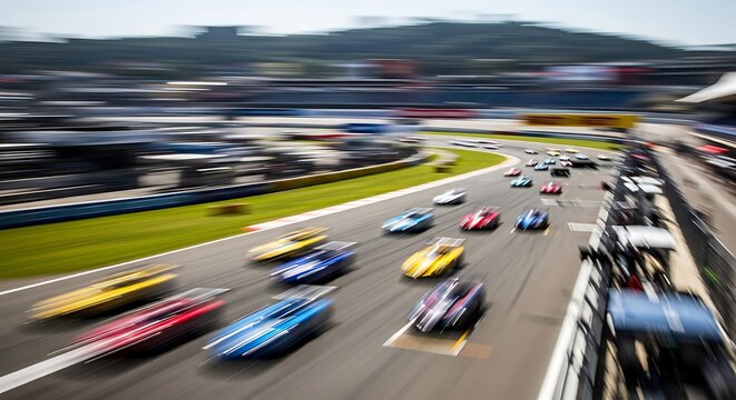 Race cars speeding on asphalt track during competition blurred motion shot
