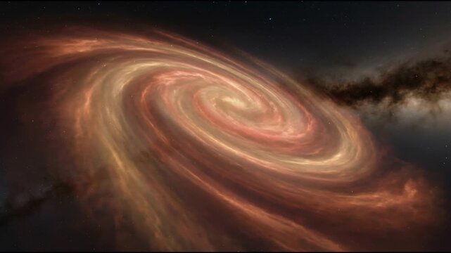 Vast spiral galaxy scene with glowing red orange and gold dust clouds swirling around a luminous core in smooth seamless ethereal cosmic motion