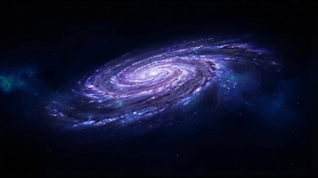 Vast spiral galaxy scene with luminous purple and blue arms swirling around a bright core in smooth seamless ethereal cosmic motion