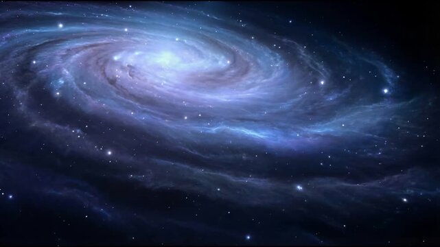 Swirling spiral galaxy scene with soft faint blue and violet gaseous clouds and scattered stars in smooth seamless ethereal cosmic motion