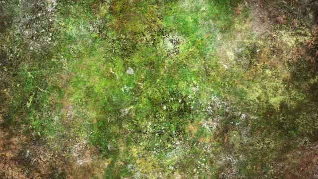Abstract green loopable grunge texture, weathered paint splatters, organic patterns, rustic distressed background animation