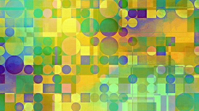 Green and yellow abstract geometric pattern background animation, overlapping circles and squares with halftone dot textures
