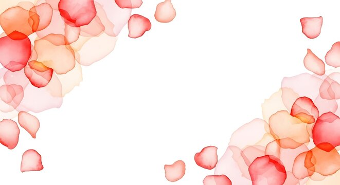 A delicate artistic arrangement of soft watercolor rose petals scattered on a clean white background