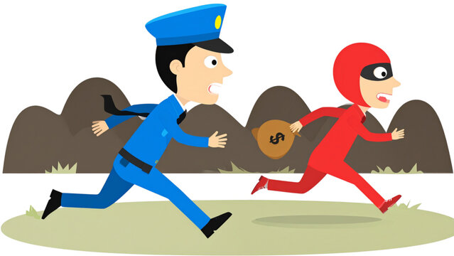 Policeman chasing robber with money bag, cartoon crime pursuit scene, flat vector illustration of thief and police action concept
