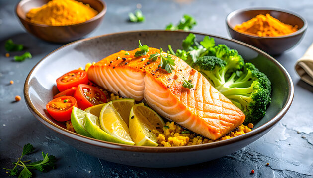 Anti inflammatory meal with turmeric vegetables and salmon clean healthy nutrition concept