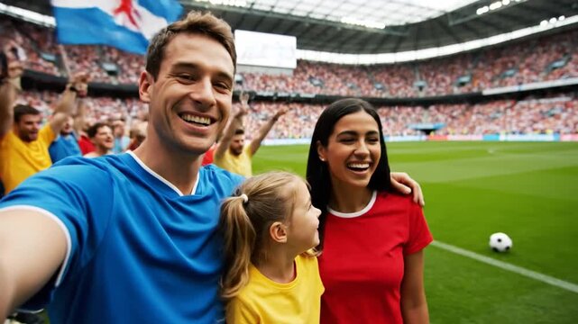 A joyful family of three celebrates at a vibrant soccer stadium, capturing selfies and sharing laughter amidst cheering crowds and waving flags under bright daylight.