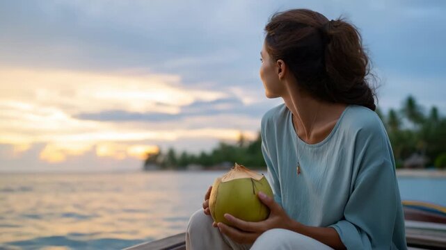 Young hispanic female enjoying tropical sunset on boat holding coconut