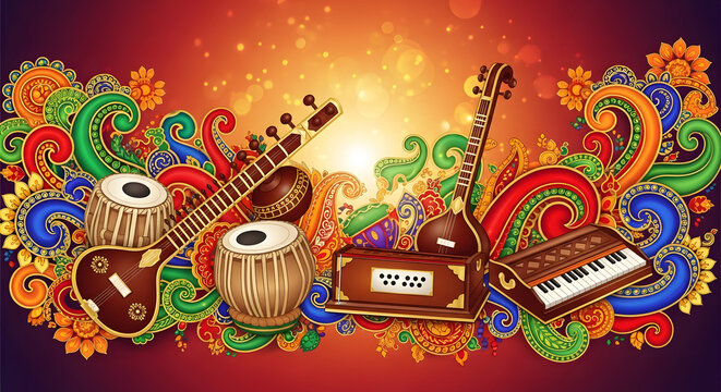 Vibrant indian musical instruments set against a festive background with traditional patterns