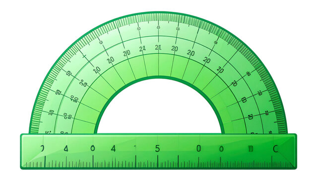 Green plastic protractor vector illustration, realistic angle measurement tool, transparent geometry instrument, flat CAD design