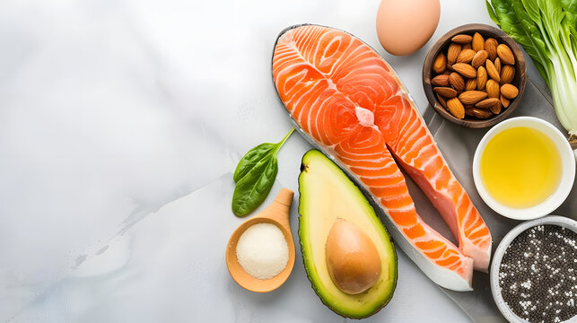 Keto diet food selection with salmon avocado eggs
