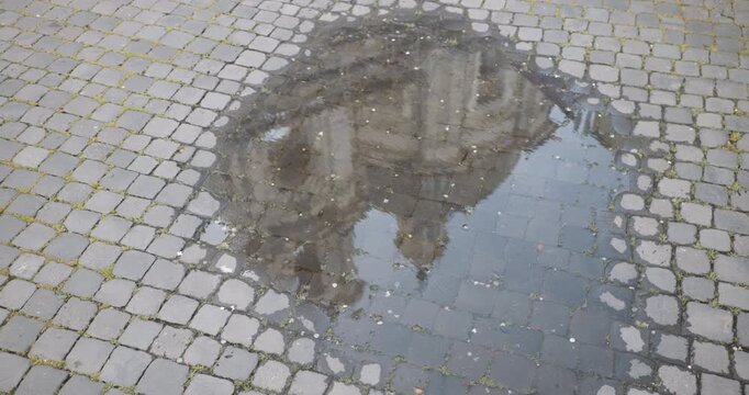 The domes of the Church of Sant'Agnese in Agone reflected in the puddle in Piazza Navona, Roma.
