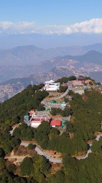Vertical drone shot of Mount Chandragiri, iconic Nepal Hill station and Temple