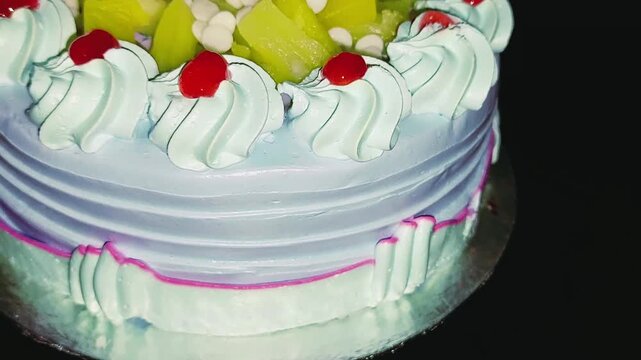 Cinematic designer fruit cake showcase with elegant decoration and toppings