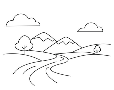 Minimalist black and white line drawing of countryside hills road trees clouds and distant mountains in peaceful scenic style