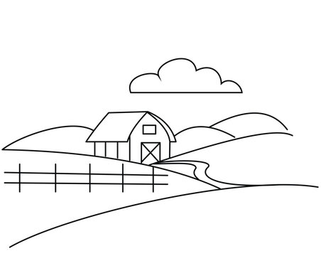 Minimalist line drawing of rural farm barn with pitched roof fence hills and cloud in stylized countryside scene