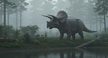 Fototapeta premium Misty Dawn: Triceratops Encounter