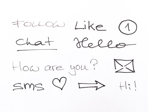 A collection of minimalist, hand-drawn social media and communication elements. The set includes handwritten common phrases such as "Hello," "Hi!", "Follow," "Like," ..