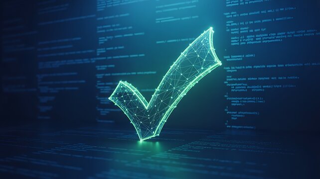 Digital checkmark verification with coding background software validation concept