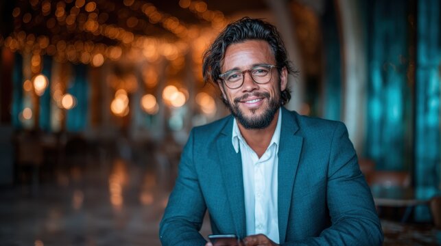 A confident, well-dressed man poses in a chic caf&eacute; environment, showcasing a blend of professionalism and casual style, exuding a sense of charisma and approachability.