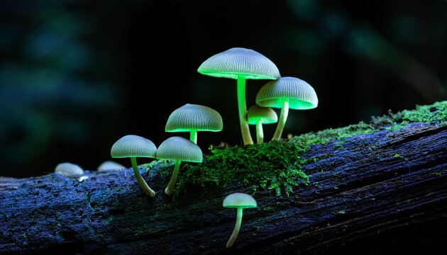 Bioluminescent Green Mycena Chlorophos Mushrooms Glowing On Dark Forest Log