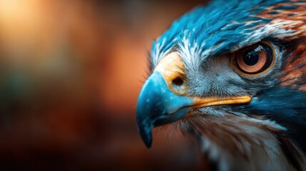 Fototapeta premium A close-up of a stunning hawk, featuring its sharp beak and intense eyes, capturing the essence of this majestic bird of prey in vibrant detail and colors.
