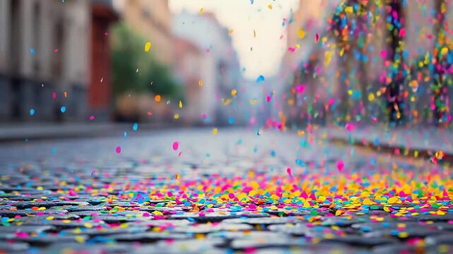 Colorful confetti on cobblestone street