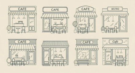 Naklejka premium Cafe Building Facades with Awnings and Tables