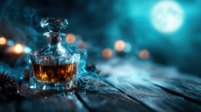 An exquisite whiskey decanter sits calmly on a wooden table, shrouded in a soft smoky atmosphere, inviting viewers to savor the moment of luxury and relaxation.