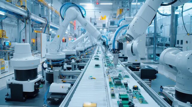 Automated robotic assembly line in factory