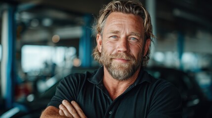 Obraz premium A confident middle-aged man stands with a smile in a well-equipped workshop, reflecting a sense of accomplishment and expertise in the automotive repair and maintenance field.
