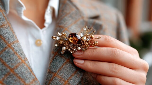 An exquisite brooch with intricate designs and gemstones displayed on a stylish outfit, showcasing elegance and the importance of accessories in personal fashion.