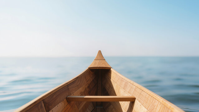 View from wooden boat bow on water and natural landscapes, suitable for banners, articles, advertising, web design and travel projects
