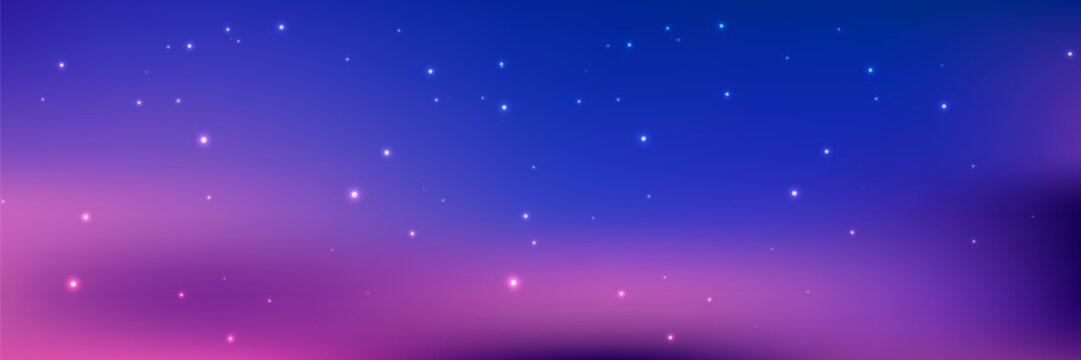 Pastel sky gradient background featuring fluffy clouds and twinkling stars. Dreamy blue sunset scene with soft light transitions and magical fairy-tale ambiance perfect for fantasy designs.