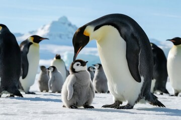 Fototapeta premium Emperor penguin with chick on snowy Antarctic landscape, surrounded by other penguins