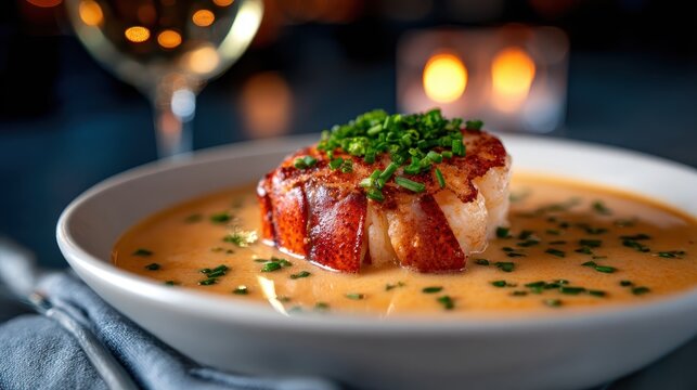 This gourmet presentation features a beautifully plated lobster dish in creamy sauce, garnished with fresh chives and creates an exquisite culinary experience.