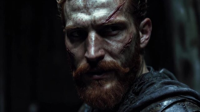 Close-up of scarred male warrior face in hyperrealistic style on dark background, concept of strength and resilience